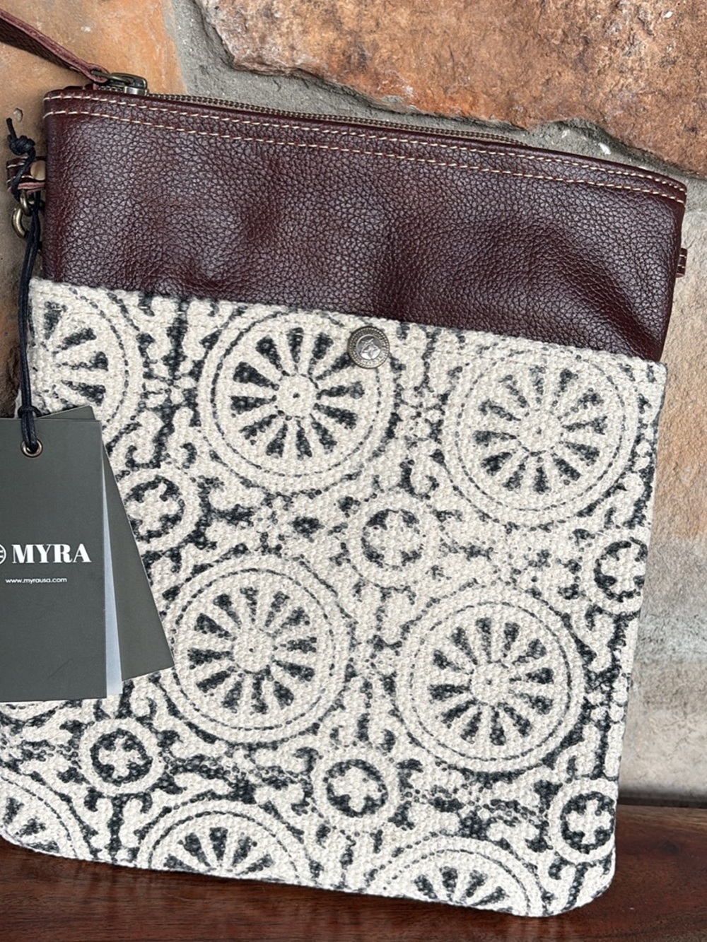 Myra Bag Brown Leather Top with Cream & Gray Patterned Crossbody
